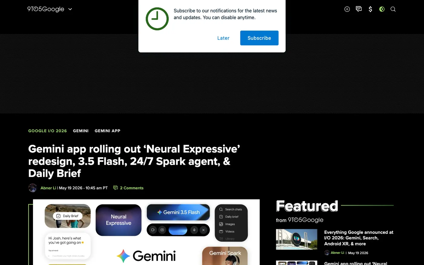 9to5Google 报道 Gemini App 重设计